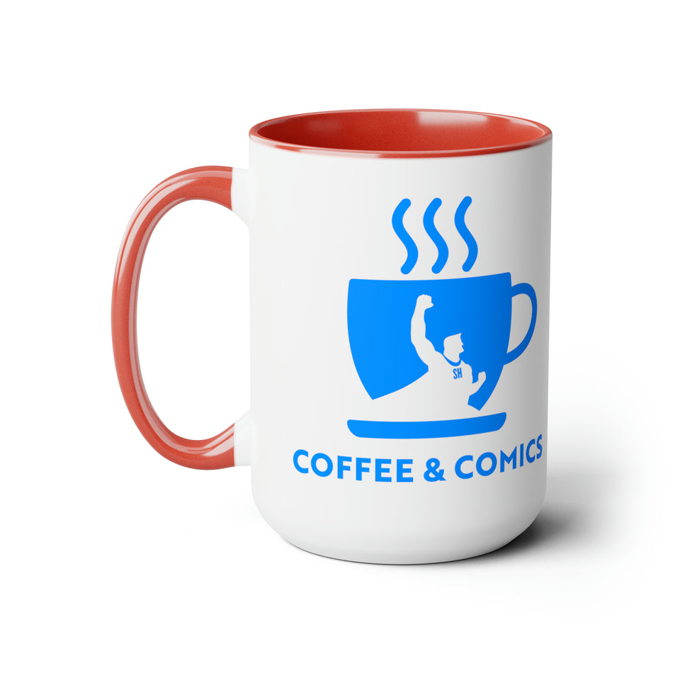 Comics & Coffee Blue Logo Two-Tone Coffee Mugs, 15oz