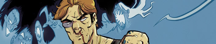 Comic book style illustration of a character with a determined expression and clenched fists against a blue background.