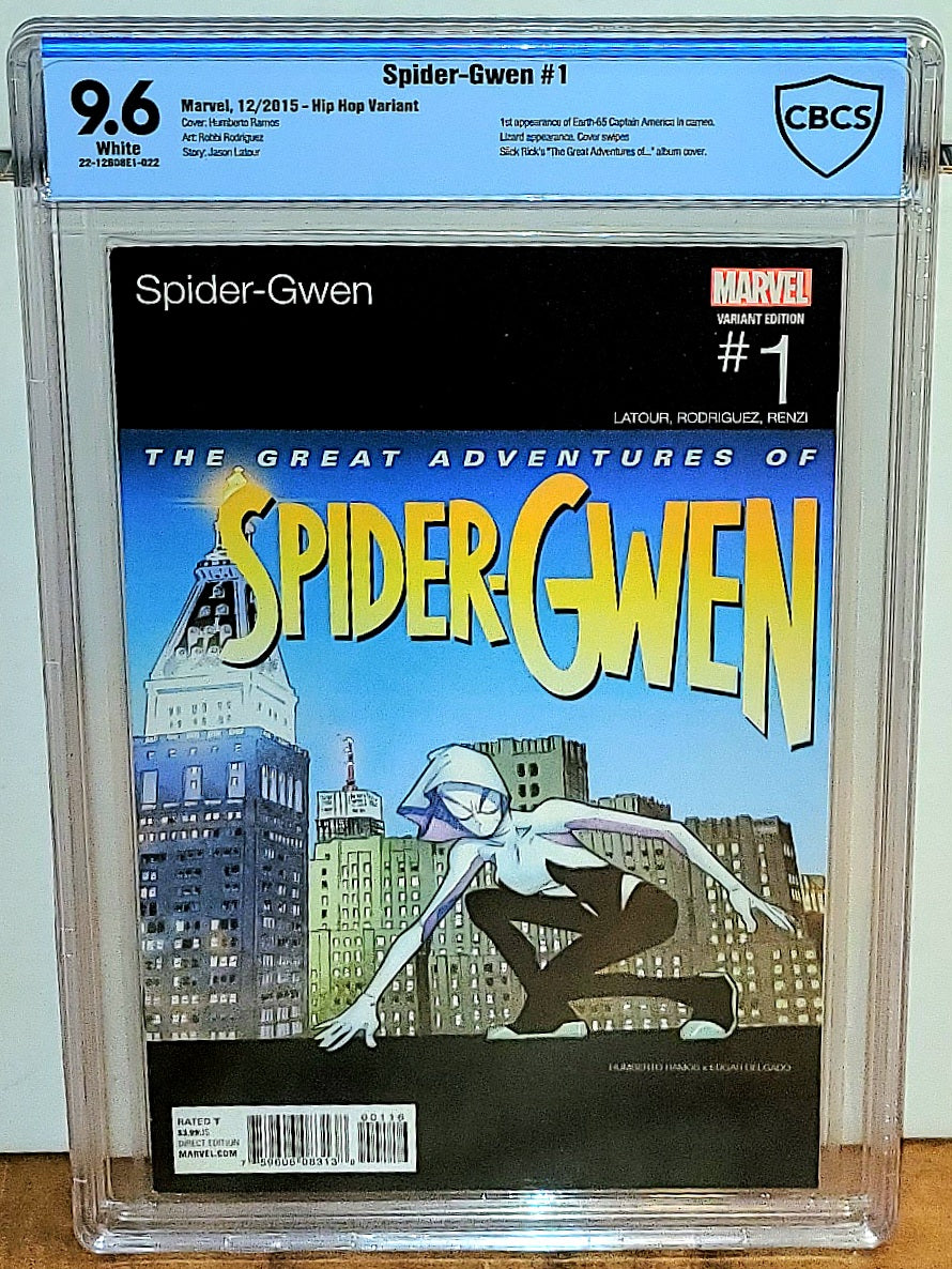 Spider-Gwen #1 Hip Hop Variant CBCS 9.6 (1st Appearance of Earth-65 Captain America in Cameo. Slick Rick's "The Greatest Adventures of..." album cover)