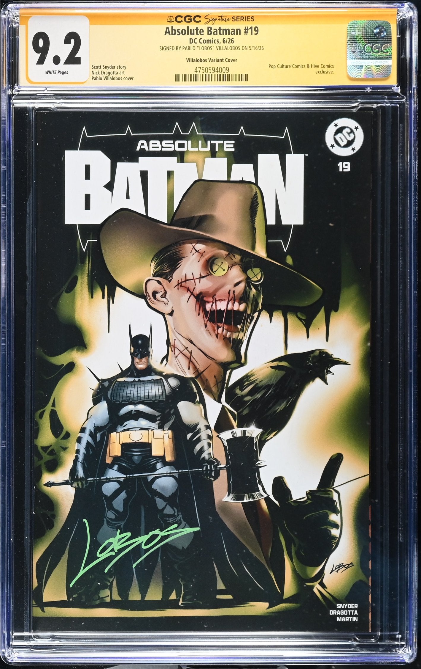CGC 9.2 Absolute Batman #19 Pablo "Lobos" Villalobos Exclusive Variant LTD to 3,000 Copies SIGNED by LOBOS