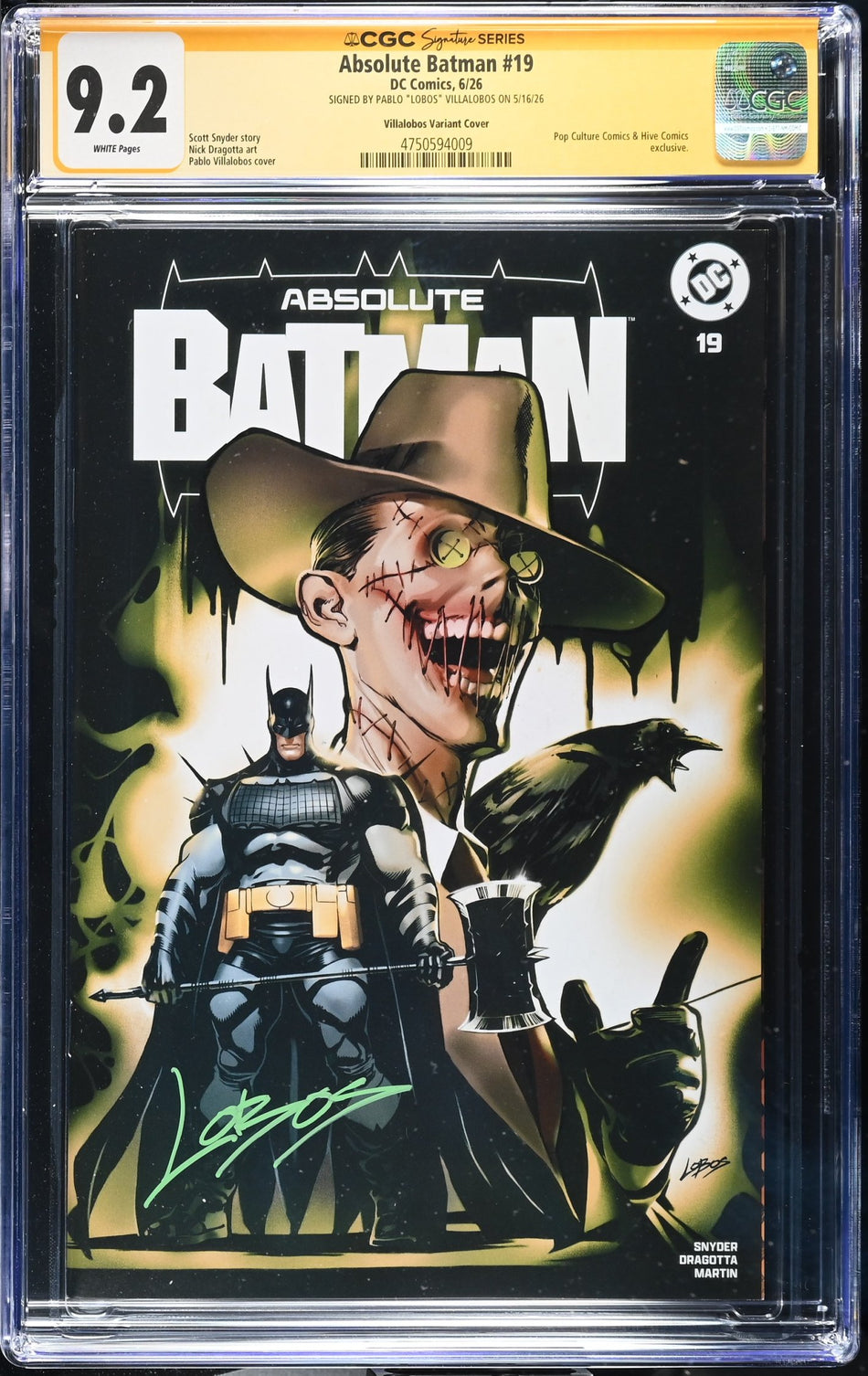 CGC 9.2 Absolute Batman #19 Pablo "Lobos" Villalobos Exclusive Variant LTD to 3,000 Copies SIGNED by LOBOS