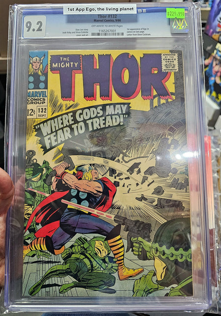 CGC 9.2 Thor #132 1st appearance of Ego in cameo on last page. Letter from Dave Cockrum