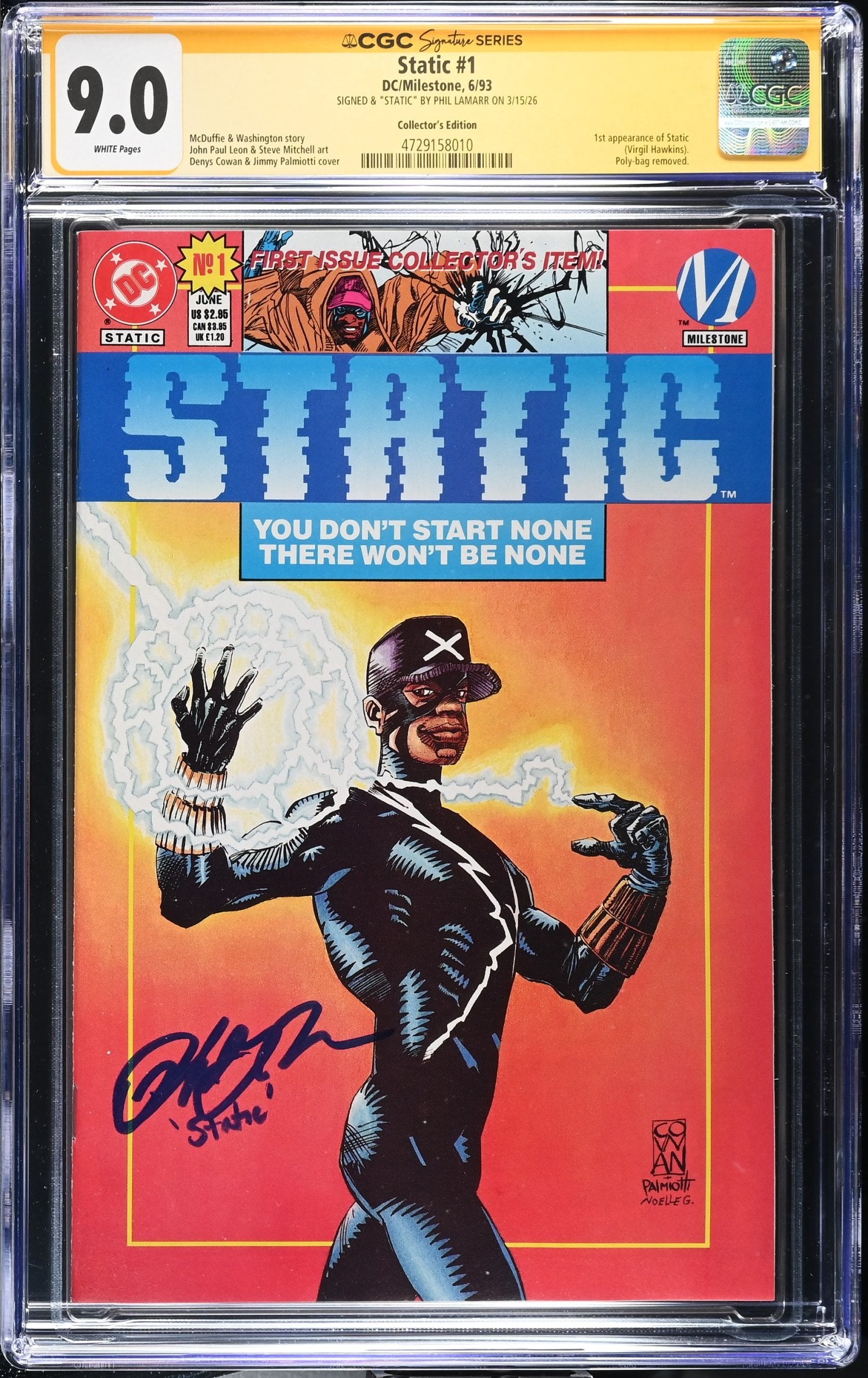 CGC 9.0 Static #1 Collector's Edition 1st appearance of Static Virgil Hawkins SIGNED & "STATIC" BY PHIL LAMARR