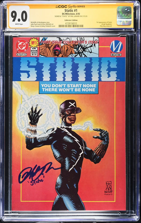 CGC 9.0 Static #1 Collector's Edition 1st appearance of Static Virgil Hawkins SIGNED & "STATIC" BY PHIL LAMARR