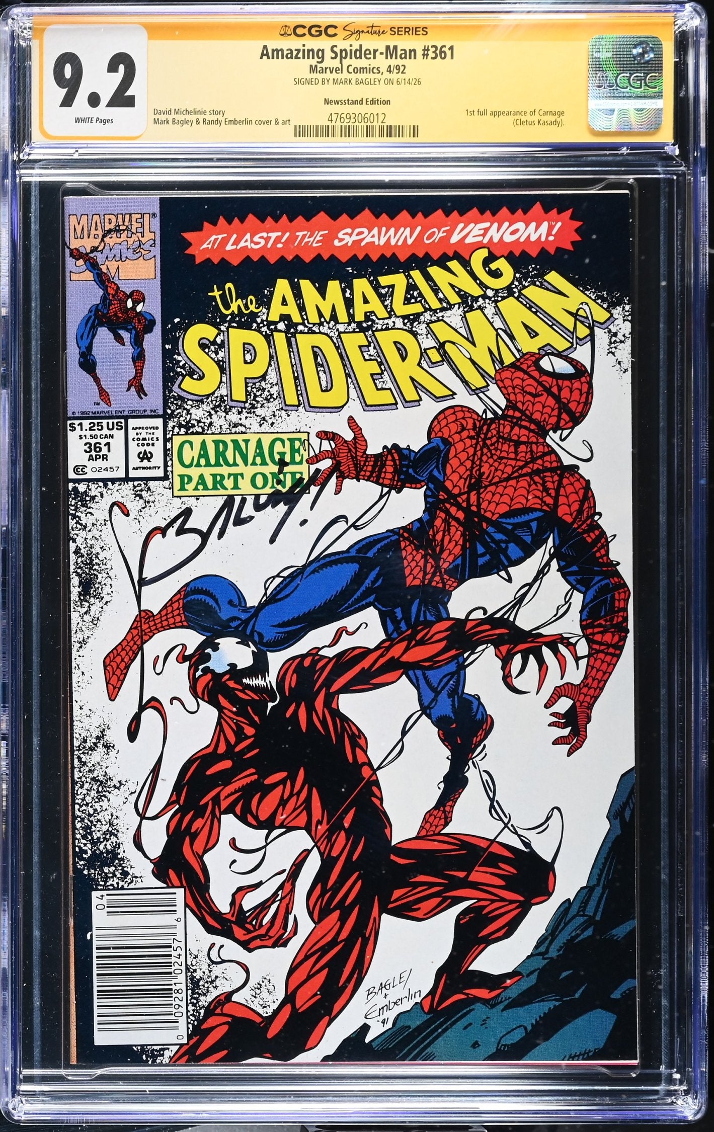 CGC 9.2 Amazing Spider-Man #361 NEWSSTAND SIGNED BY MARK BAGLEY 1st full appearance of Carnage Cletus Kasady
