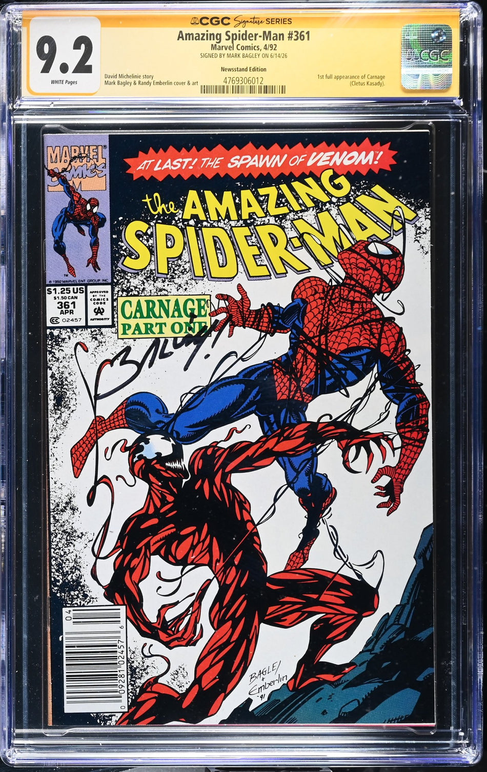 CGC 9.2 Amazing Spider-Man #361 NEWSSTAND SIGNED BY MARK BAGLEY 1st full appearance of Carnage Cletus Kasady