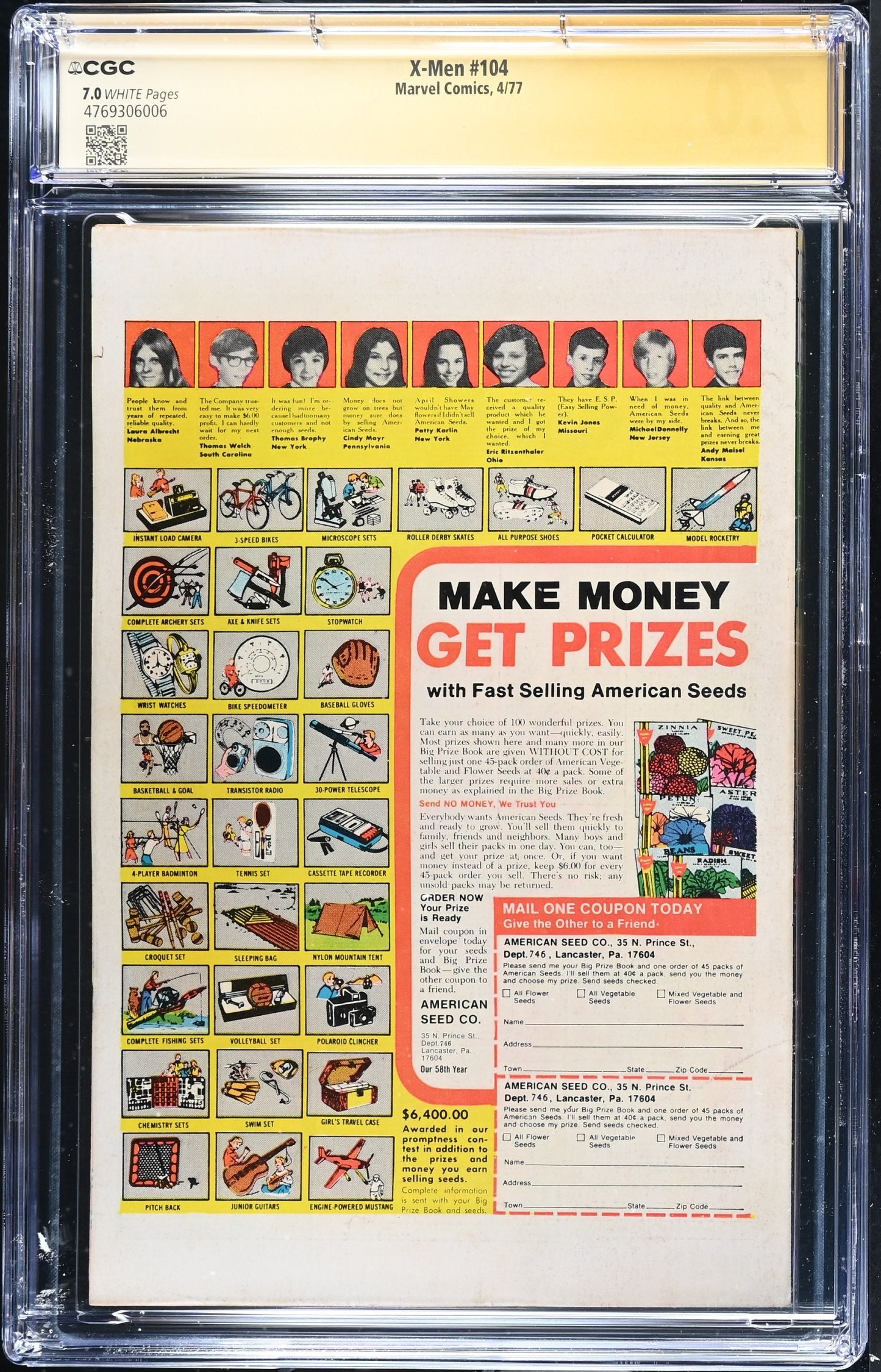 CGC 7.0 X-Men #104 SIGNED by CHRIS CLAREMONT Magneto appearance. 1st appearance of Starjammers in cameo. X-Men #1 9/63 cover homage