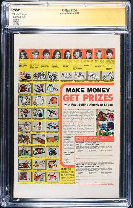 CGC 7.0 X-Men #104 SIGNED by CHRIS CLAREMONT Magneto appearance. 1st appearance of Starjammers in cameo. X-Men #1 9/63 cover homage