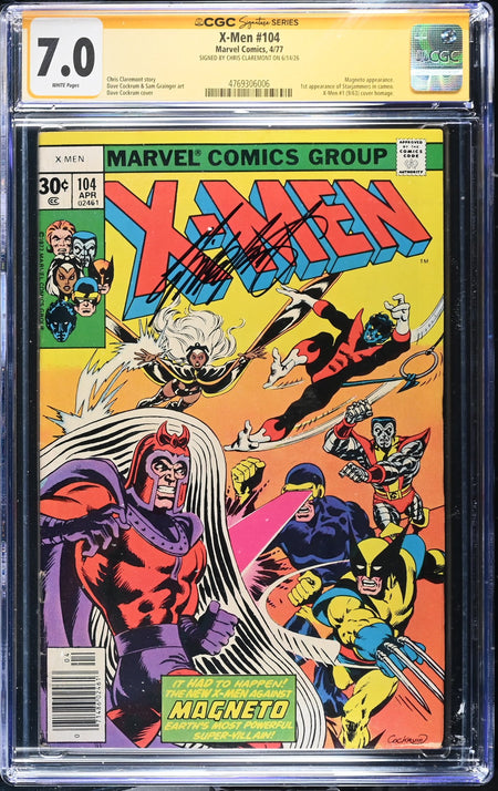 CGC 7.0 X-Men #104 SIGNED by CHRIS CLAREMONT Magneto appearance. 1st appearance of Starjammers in cameo. X-Men #1 9/63 cover homage