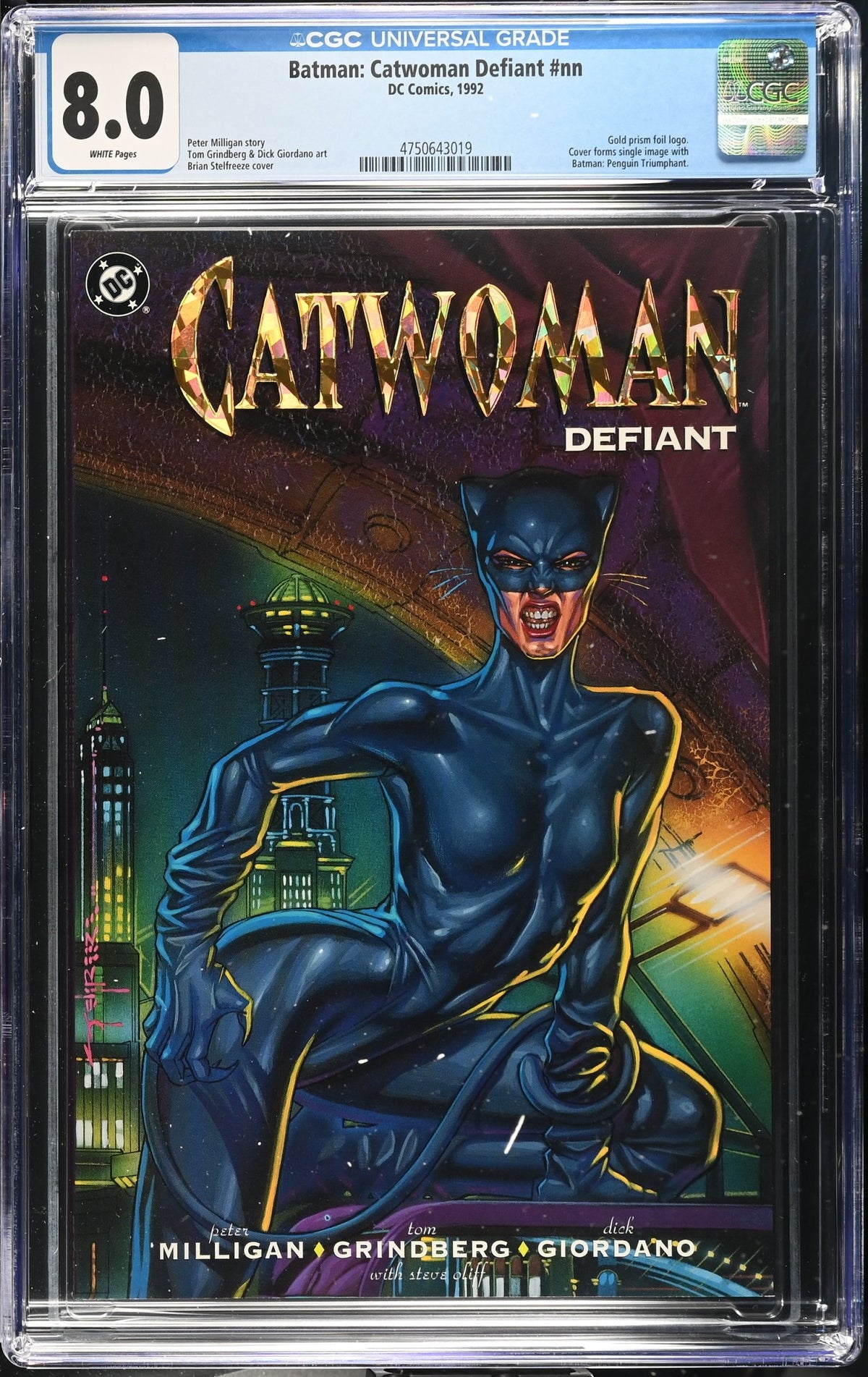 CGC 8.0 Batman Catwoman Defiant #nn 1992 Gold prism foil logo. Cover forms single image with Batman: Penguin Triumphant