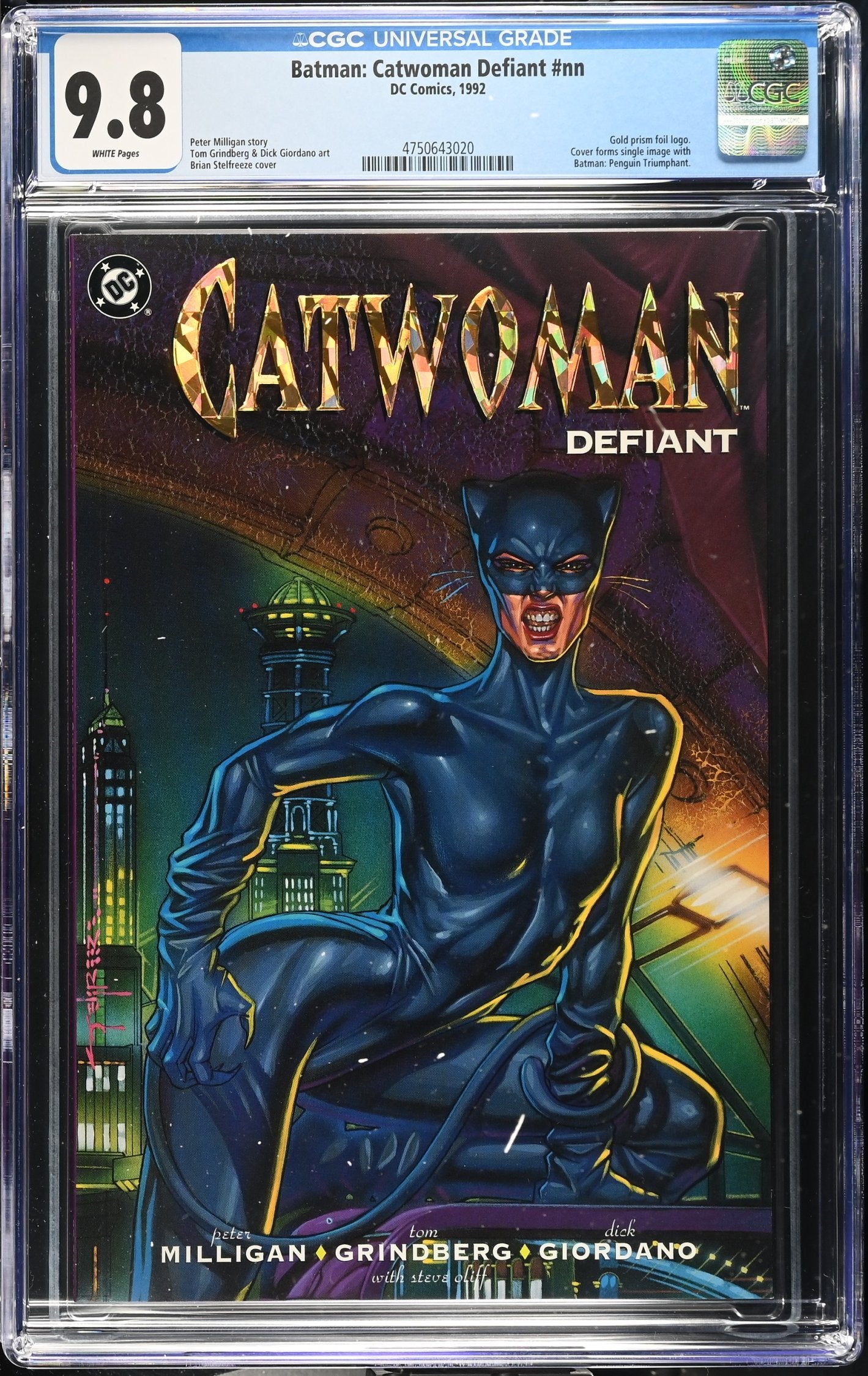 CGC 9.8 Batman Catwoman Defiant #nn 1992 Gold prism foil logo. Cover forms single image with Batman: Penguin Triumphant