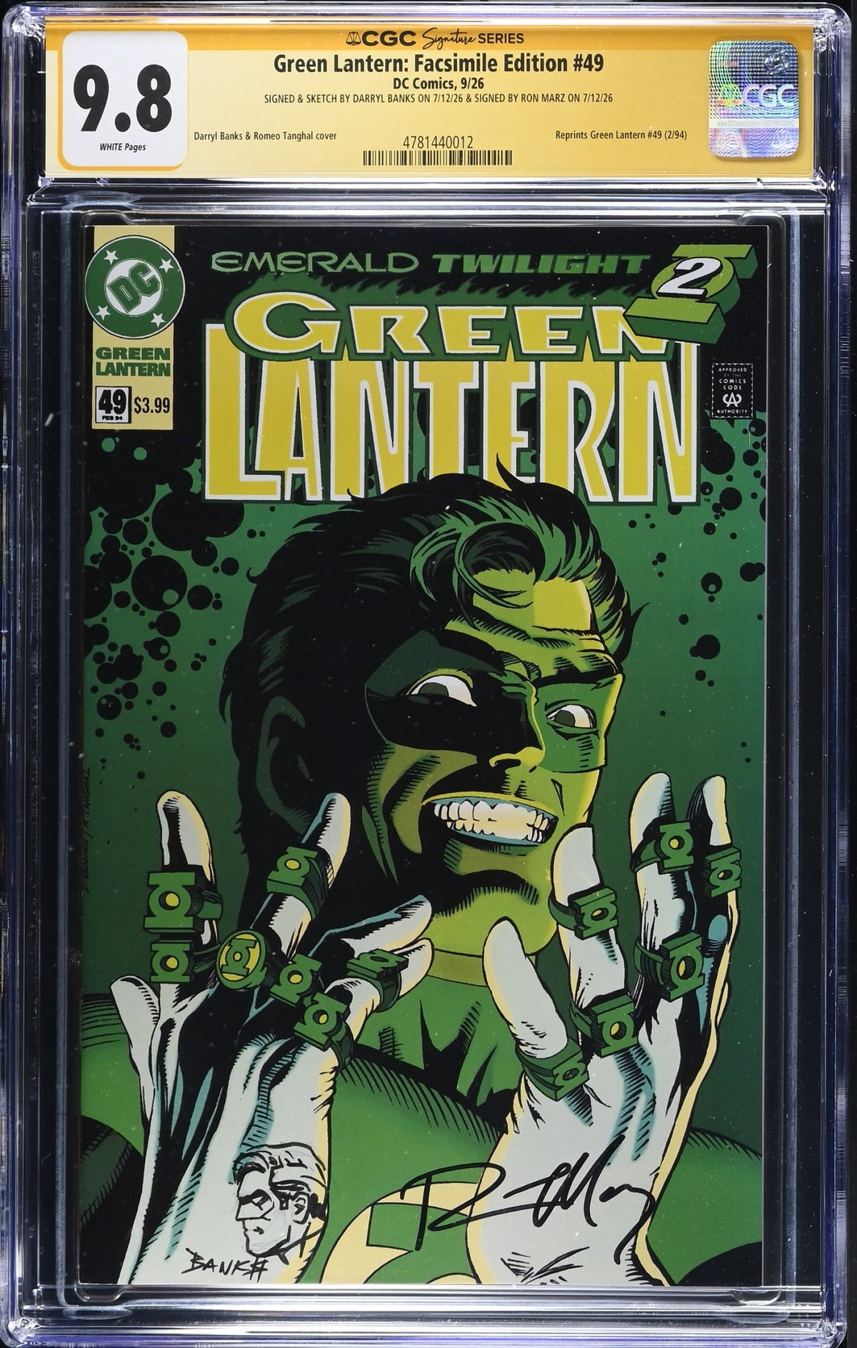 CGC 9.8 Green Lantern Facsimile Edition #49 SIGNED & SKETCH by Darryl Banks & SIGNED by Ron Marz