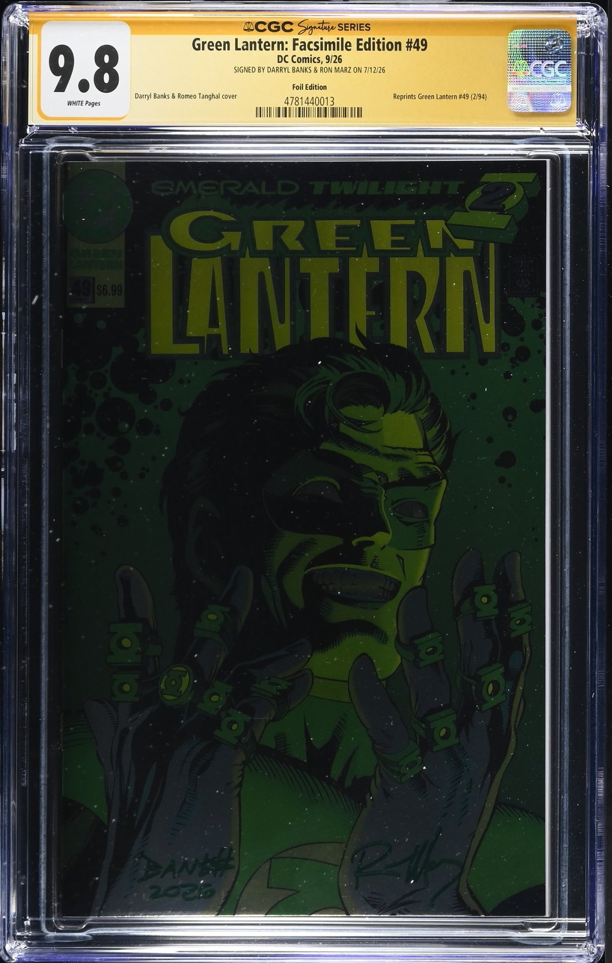 CGC 9.8 Green Lantern Foil Facsimile Edition #49 SIGNED Darryl Banks & Ron Marz