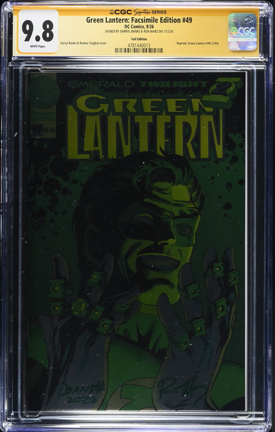 CGC 9.8 Green Lantern Foil Facsimile Edition #49 SIGNED Darryl Banks & Ron Marz