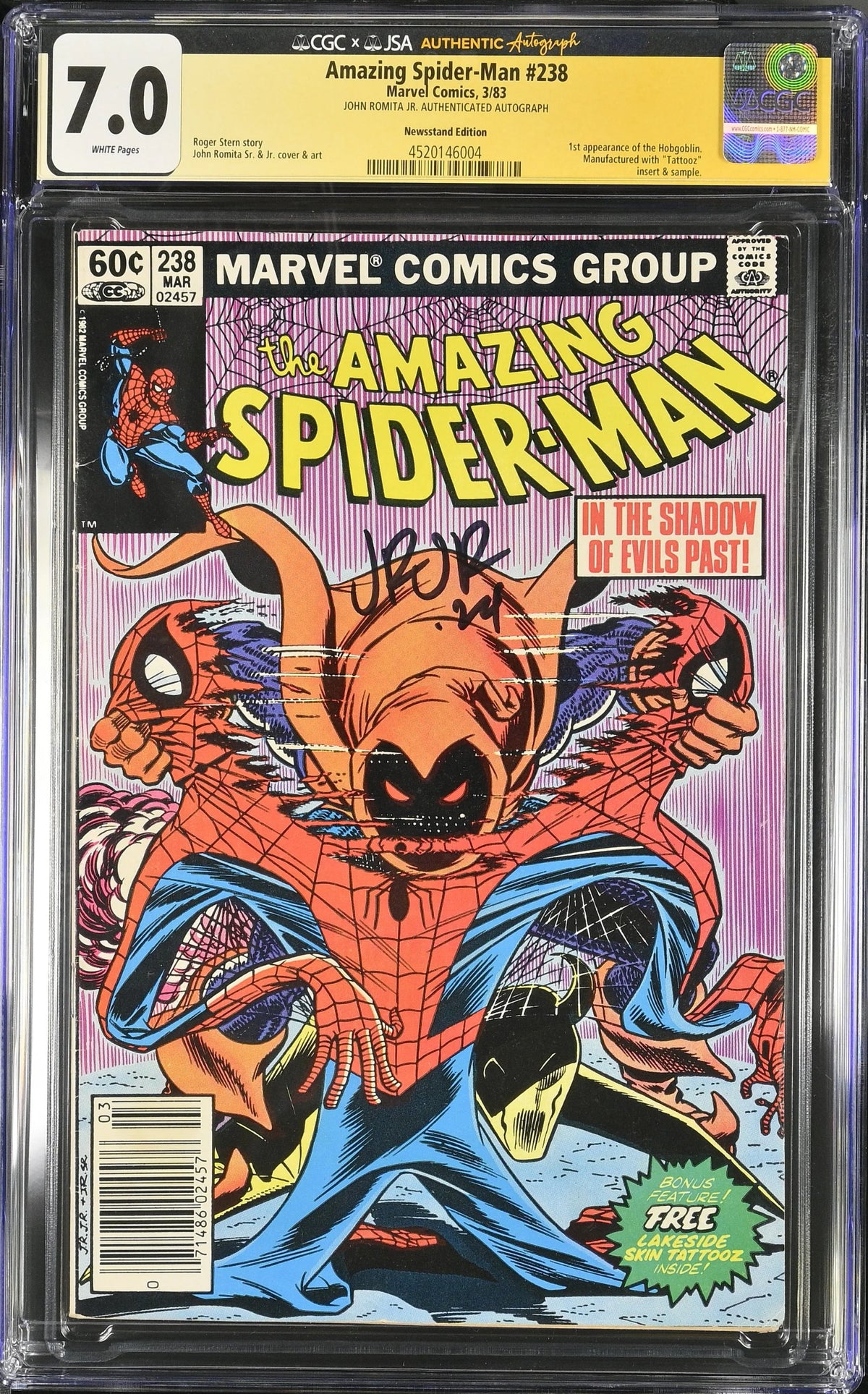 CGC 7.0 Amazing Spider-Man #238 SIGNED BY JOHN ROMITA JR. NEWSSTAND 1st Appearance of the Hobgoblin. Manufactureed with Tattooz insert & sample