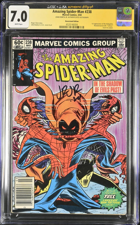 CGC 7.0 Amazing Spider-Man #238 SIGNED BY JOHN ROMITA JR. NEWSSTAND 1st Appearance of the Hobgoblin. Manufactureed with Tattooz insert & sample