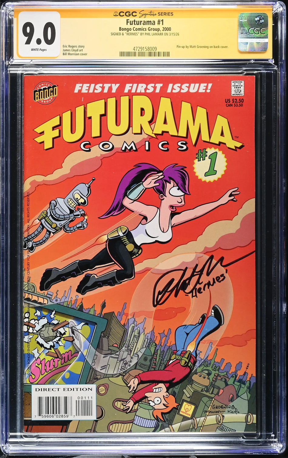 CGC 9.0 Futurama Comics #1 SIGNED & "HERMES" BY PHIL LAMARR ON 3/15/26