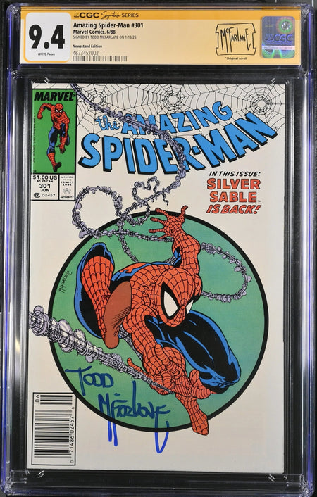 CGC Signature Series 9.4 Amazing Spider-Man #301 NEWSSTAND Silver Sable appearance SIGNED BY TODD MCFARLANE