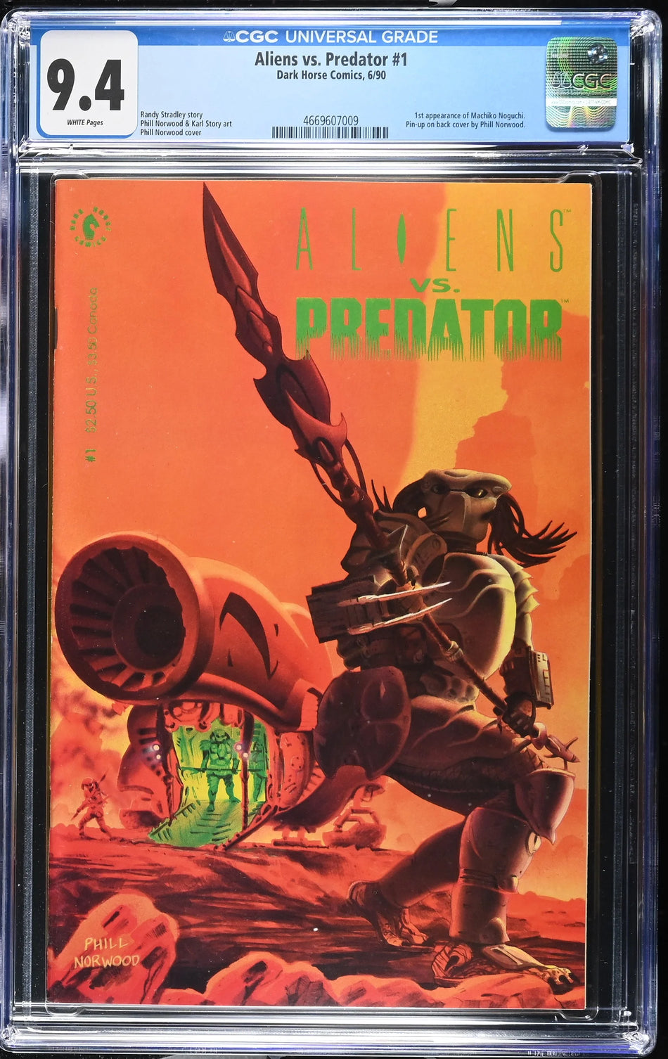 CGC 9.4 Aliens vs Predator #1 1st appearance of Machiko Noguchi. Pin-up on back cover by Phill Norwood