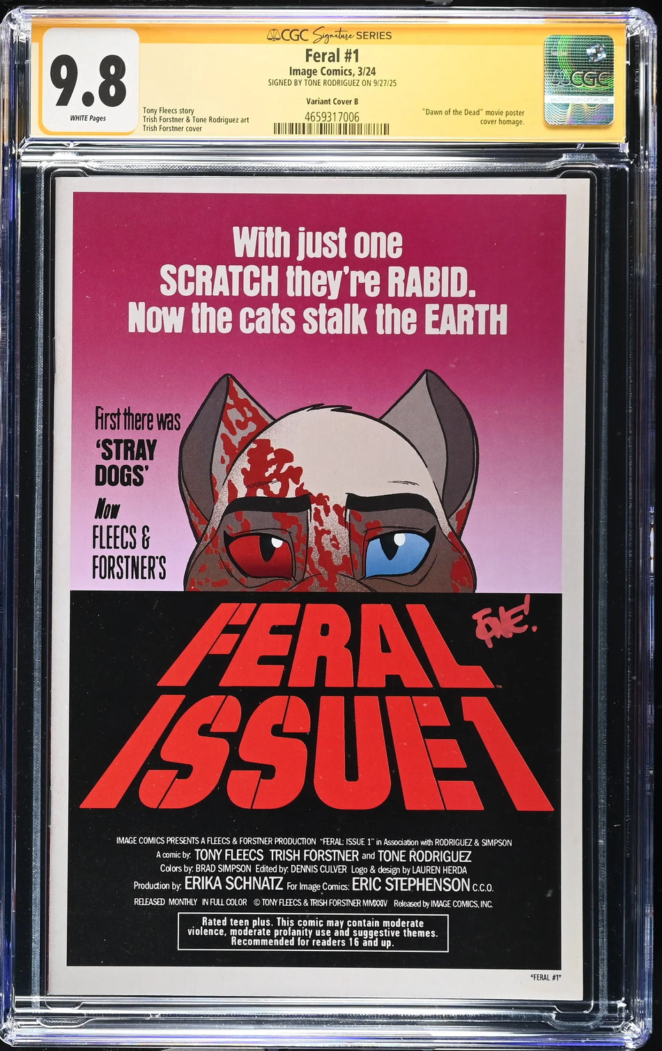 CGC 9.8 Feral #1 CVR B Trish Forstner & Tony Fleecs Variant SIGNED by Tone Rodriguez