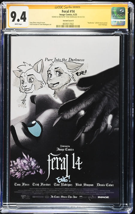 CGC 9.4 Feral #14 CVR B Trish Forstner & Tony Fleecs Movie Poster Homage Variant SIGNED & SKETCH BY TONE RODRIGUEZ