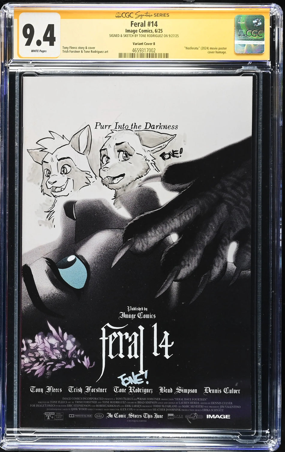 CGC 9.4 Feral #14 CVR B Trish Forstner & Tony Fleecs Movie Poster Homage Variant SIGNED & SKETCH BY TONE RODRIGUEZ