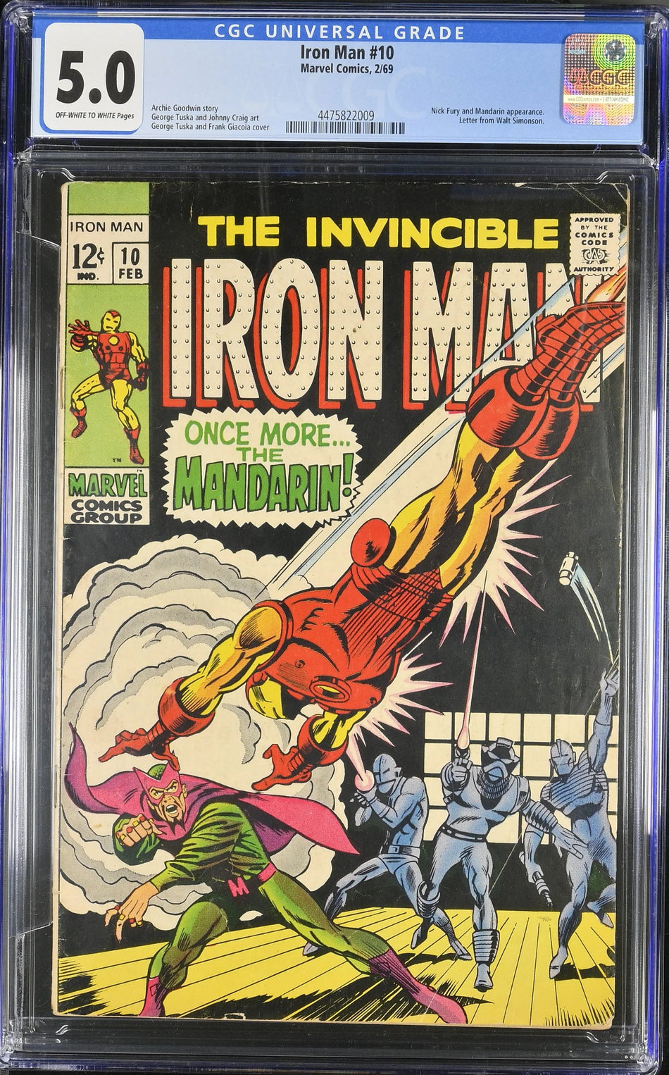 CGC 5.0 Iron Man #10 Nick Fury and Mandarin appearance. Letter from Walt Simonson.