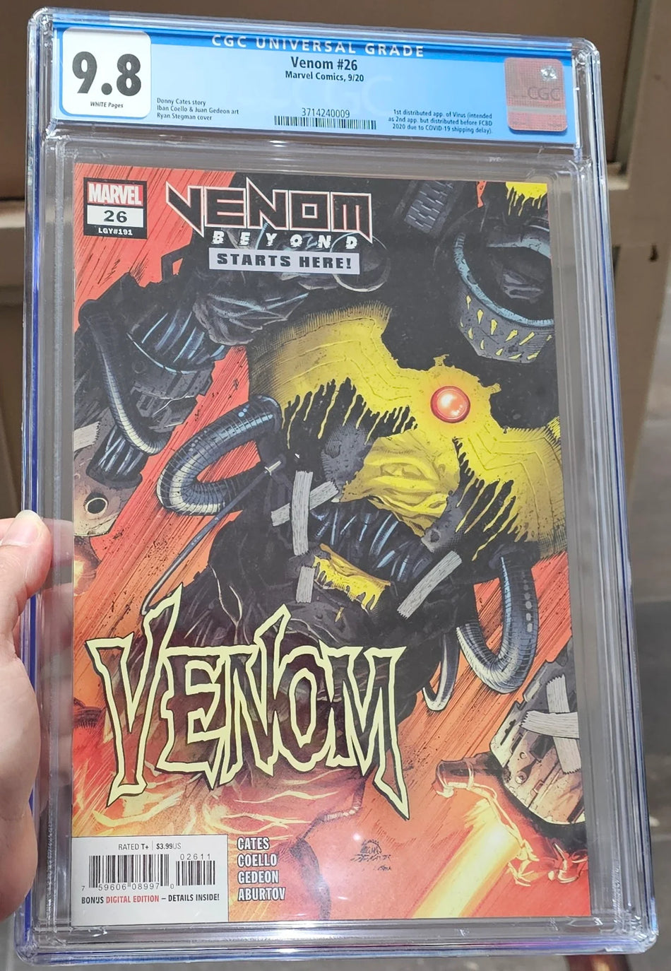 CGC 9.8 Venom #26 1st print 2020 Cates Stegman 1st distributed app. of Virus intended as 2nd app. but distributed before FCBD 2020 due to COVID-19 shipping delay