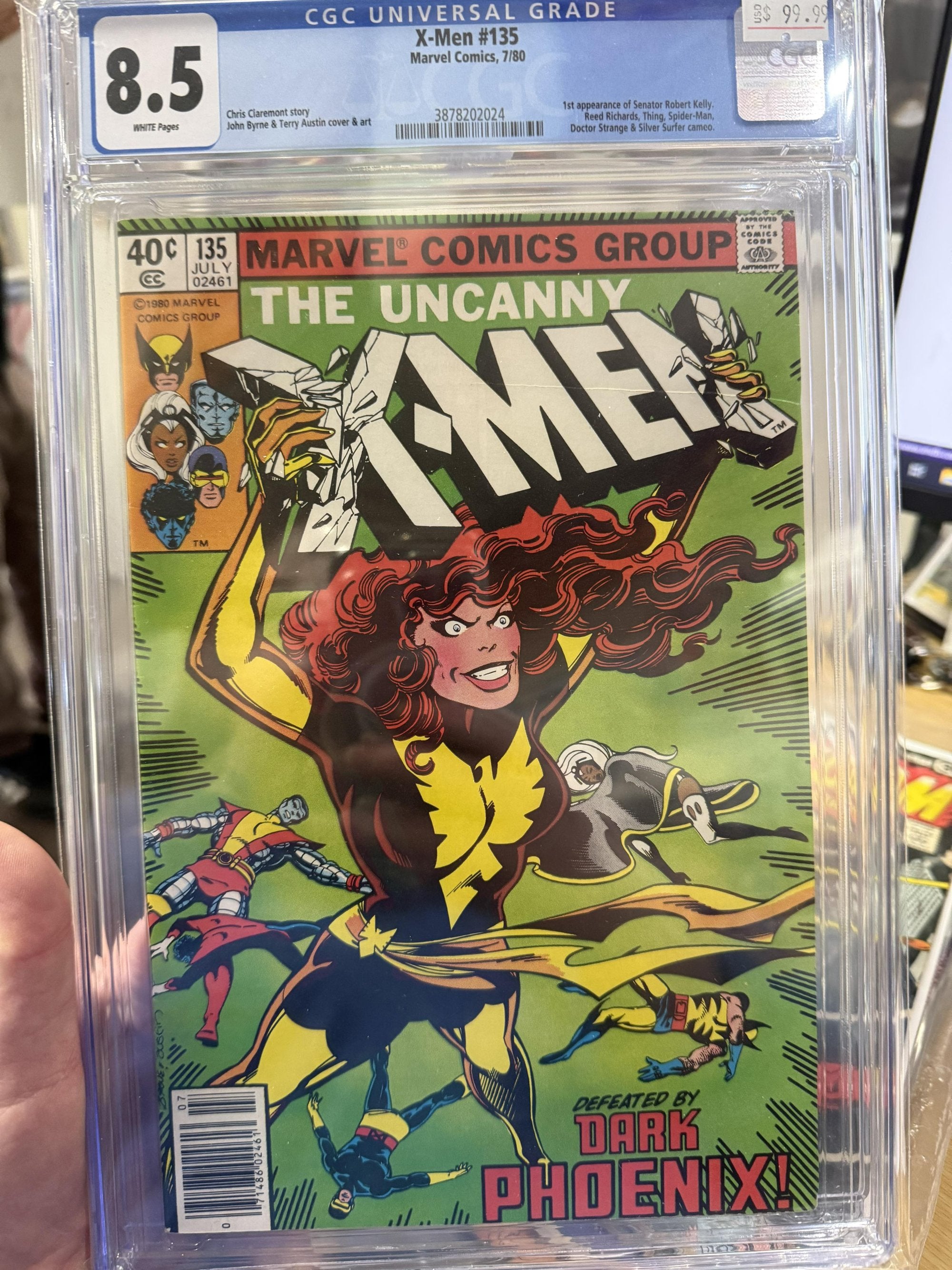 CGC 8.5 X-Men 1980 #135 1st appearance of Senator Robert Kelly.
Reed Richards, Thing, Spider-Man,
Doctor Strange & Silver Surfer cameo
