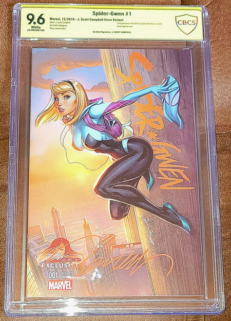 Spider-Gwen #1 2015 JSC J Scott Campbell Exclusive CBCS 9.6 VERIFIED SIGNATURE by Campbell w/ COA 1st Appearance of Earth-65 Captain America in Cameo