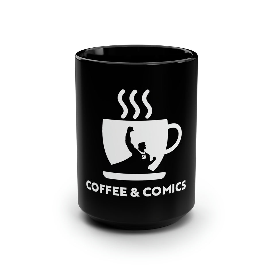Coffee & Comics White Logo Black Mug, 15oz