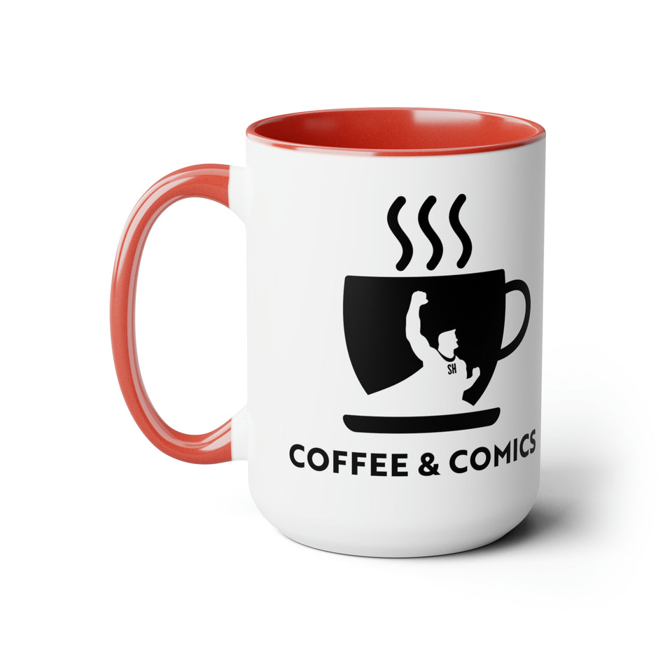 Comics & Coffee Black Logo Two-Tone Coffee Mugs, 15oz