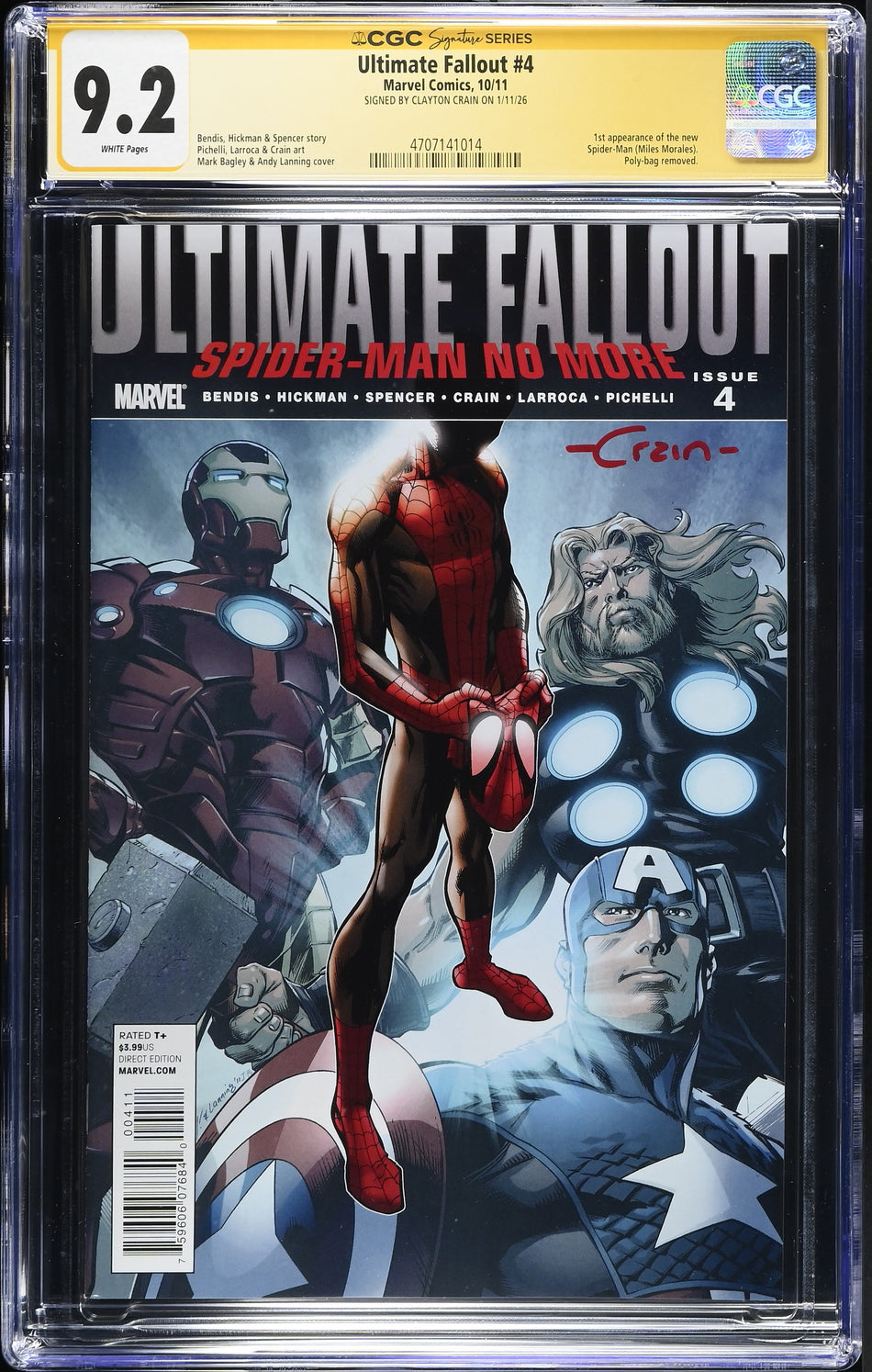 CGC 9.2 Ultimate Fallout #4 SIGNED by Clayton Crain on 01/11/2026 (1st Appearance of Miles Morales as Spider-Man. Removed from poly bag) 1st First Print