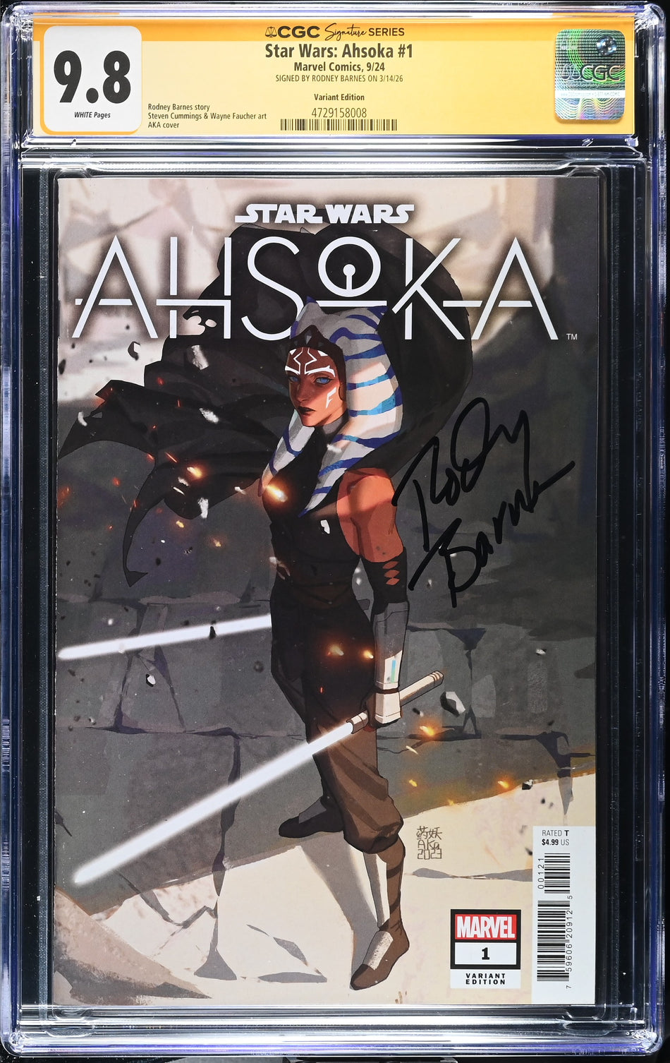 CGC 9.8 Star Wars Ahsoka #1 AKA Variant SIGNED BY RODNEY BARNES ON 3/14/26