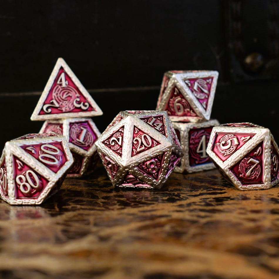 Ballad of the Bard Fuchsia and Silver Metal Dice Set