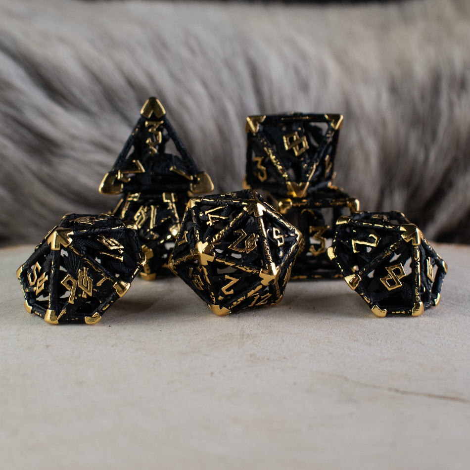 Legends of Valhalla - Matte Black and Gold Hollow Metal Dice Set