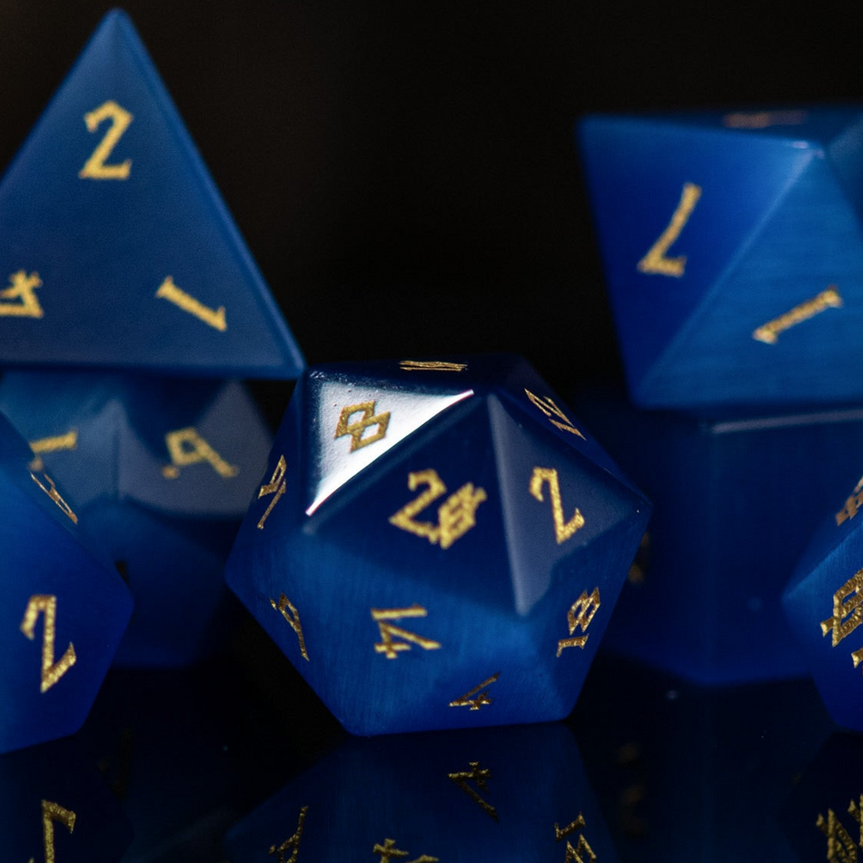 Deep Blue Cat's Eye Stone Dice Set