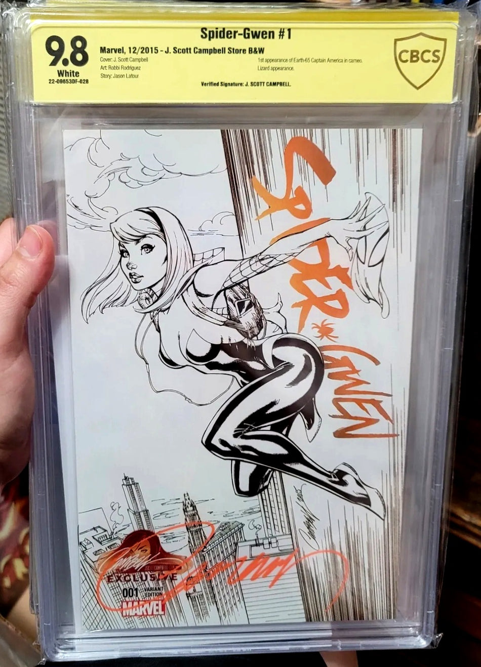 Spider-Gwen #1 (2015) JSC J Scott Campbell B&W Exclusive CBCS 9.8 VERIFIED SIGNATURE by Campbell w/ COA (1st Appearance of Earth-65 Captain America in Cameo)