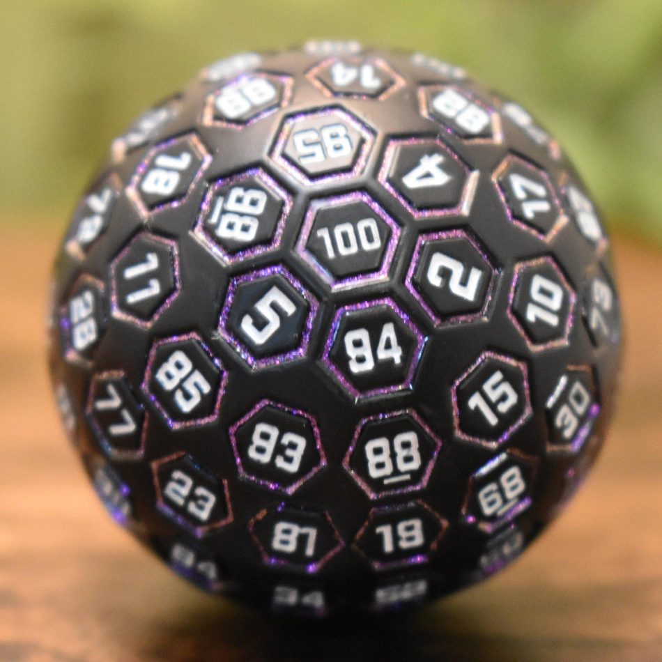 The Orb D100 -  Purple, White, and Black Metal Die