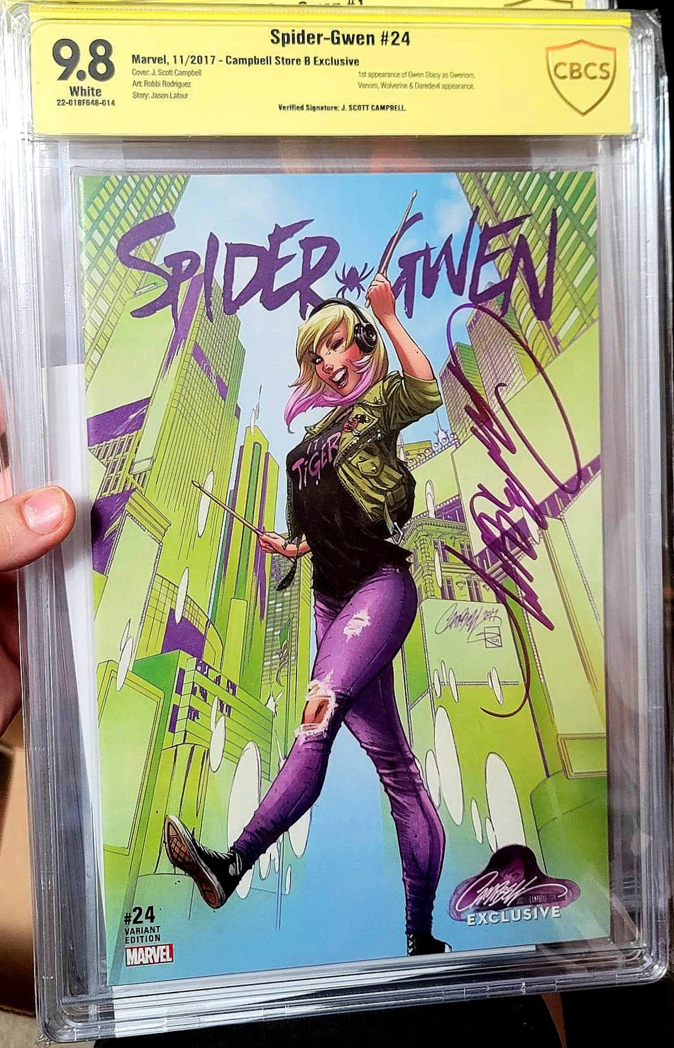 Spider-Gwen #24 B (2017) JSC J Scott Campbell Exclusive CBCS 9.8 VERIFIED SIGNATURE by Campbell w/ COA (1st Appearance of Gwen Stacy as Gwenom)