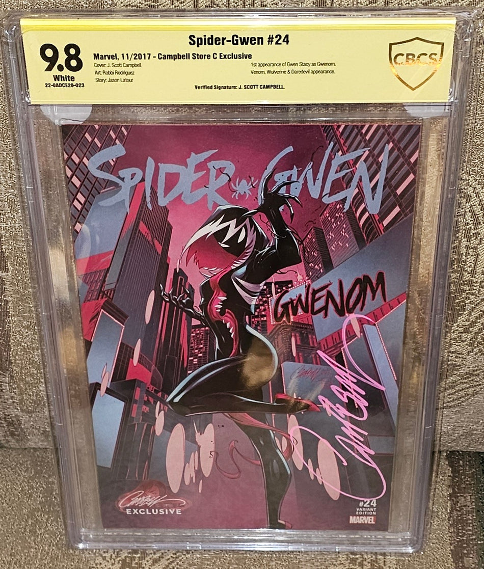 Spider-Gwen #24 CBCS 9.8 JSC J Scott Campbell Exclusive Variant VERIFIED SIGNATURE Signed by J Scottt Campbell 1st Appearance of Gwen Stacy as Gwenom