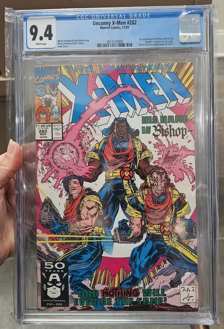 CGC 9.4 Uncanny X-Men #282 (1st appearance of Bishop, Malcolm & Randall in cameo on last page. Direct Editions have 8 page ad insert.)