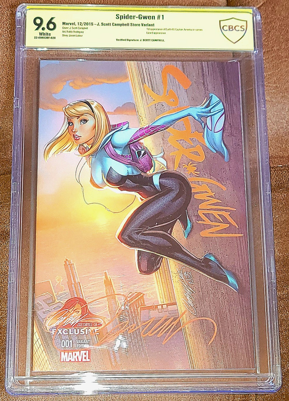 Spider-Gwen #1 (2015) JSC J Scott Campbell Exclusive CBCS 9.6 VERIFIED SIGNATURE by Campbell w/ COA (1st Appearance of Earth-65 Captain America in Cameo)