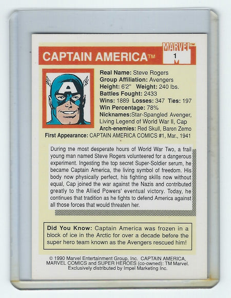 Photo of Marvel Universe Series 1 (Impel, 1990) Card #1 NM Captain America Collectible Card sold by Stronghold Collectibles